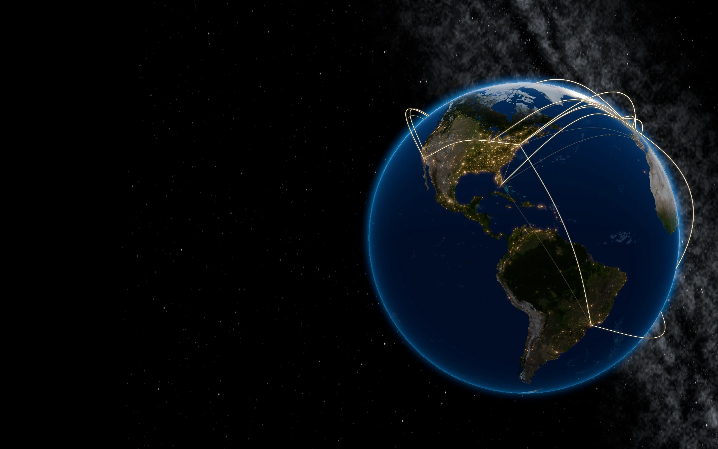 Earth with illuminated geography, atmosphere and gold network routes.